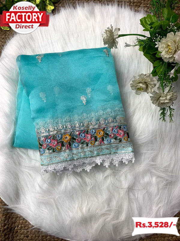 Sky Blue Pure Organza Multi-embroidery Partywear Saree