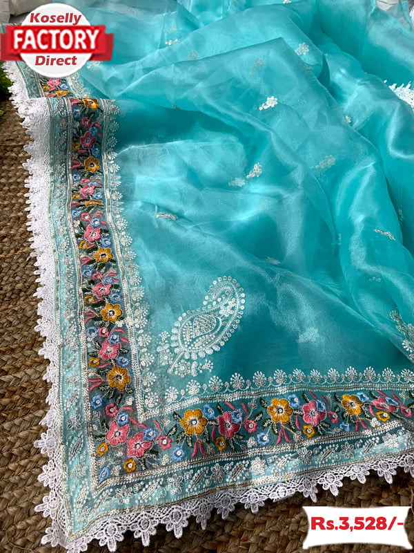 Sky Blue Pure Organza Multi-embroidery Partywear Saree