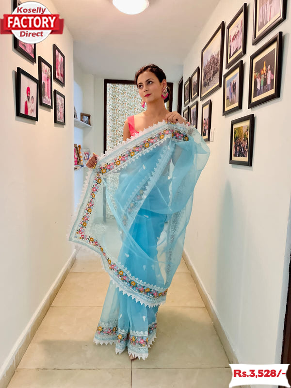 Sky Blue Pure Organza Multi-embroidery Partywear Saree