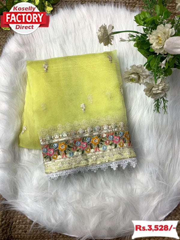 Lemon Yellow Pure Organza Multi-embroidery Partywear Saree