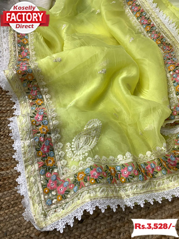 Lemon Yellow Pure Organza Multi-embroidery Partywear Saree