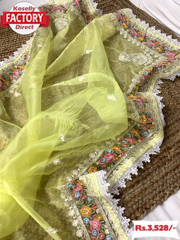 Lemon Yellow Pure Organza Multi-embroidery Partywear Saree