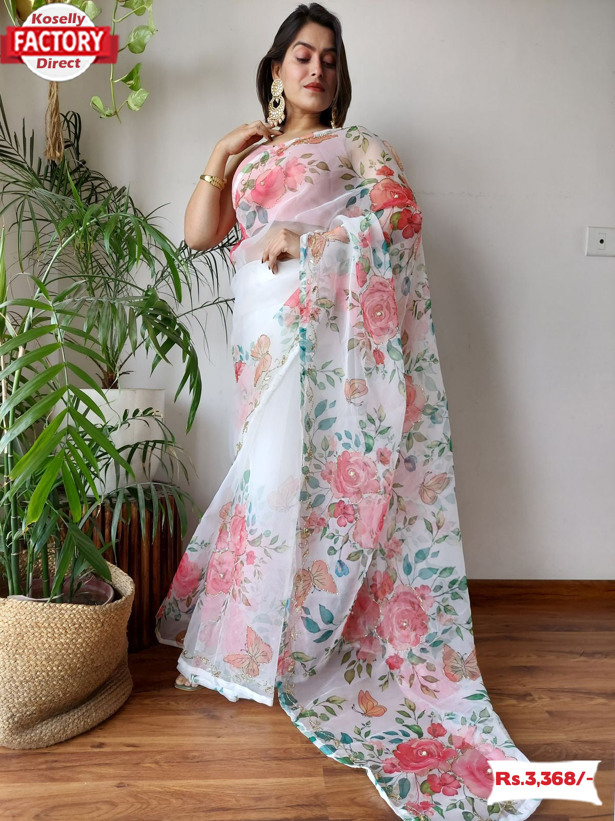 Mint Green 3D Effect Floral Print Lenin Saree with Unstitched Blouse –  Seasons Chennai