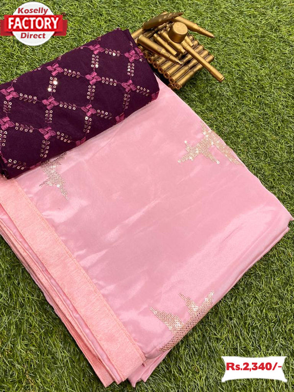 Pink Crepe Silk Sequins Partywear Saree