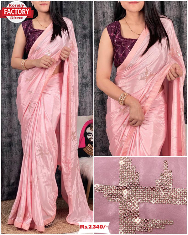 Pink Crepe Silk Sequins Partywear Saree