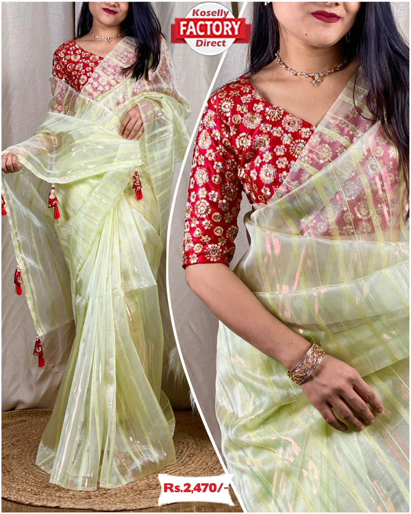 Rainbow Slub Organza Fancy Partywear Saree