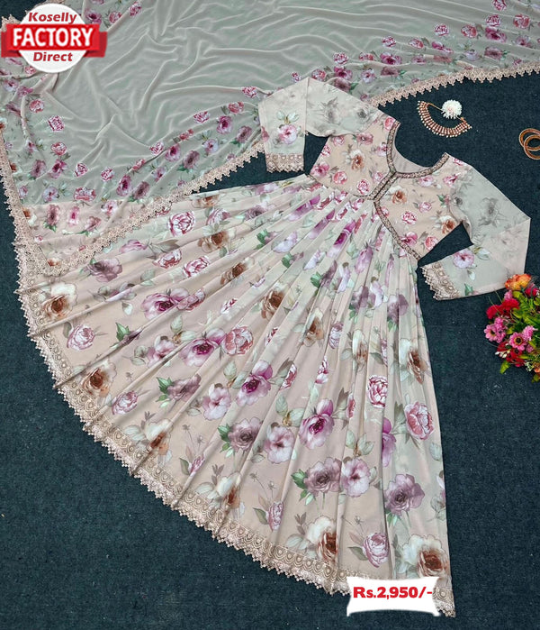 Cream Aliya Cut Floral Embroidered Gown Dupatta Set