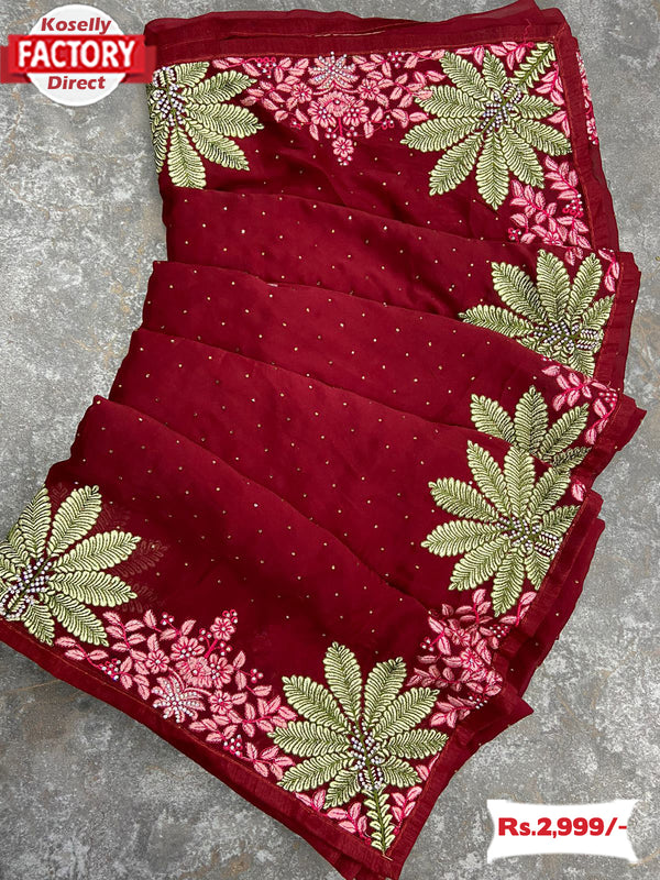 Magenta Satin Silk Multi-embroidered Partywear Saree