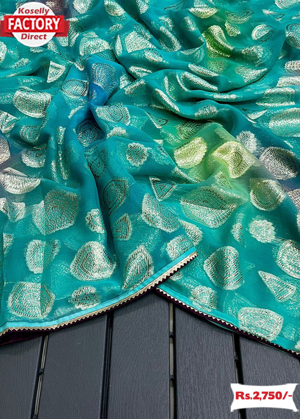 Sea Blue Georgette Banarasi Silk Partywear Saree