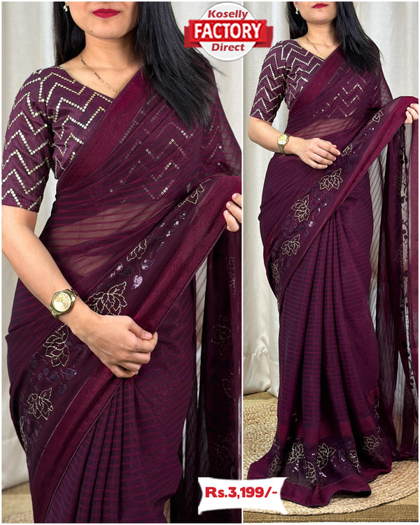 Wine Shimmer Chiffon Embroidered Partywear Saree