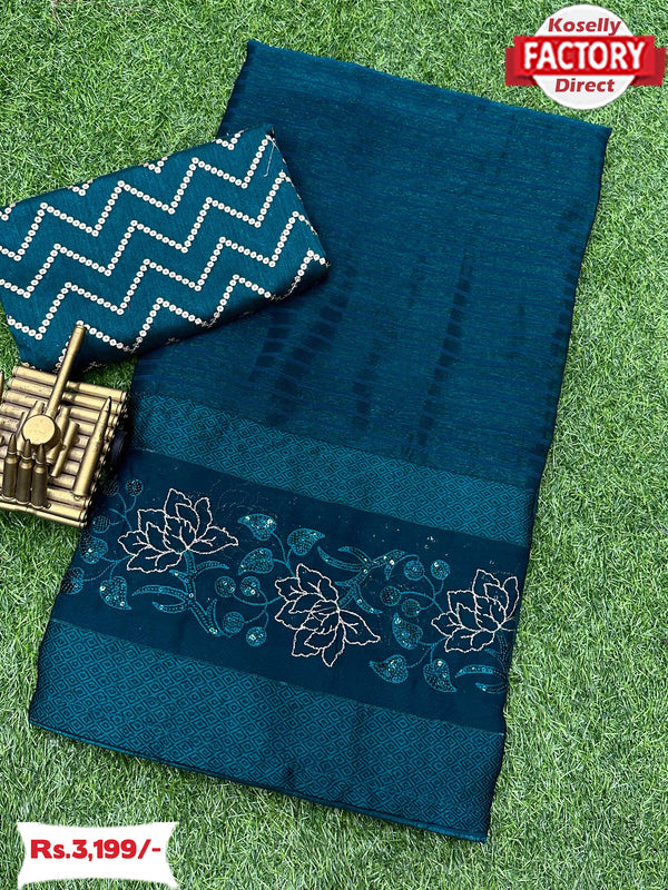 Teal Shimmer Chiffon Embroidered Partywear Saree