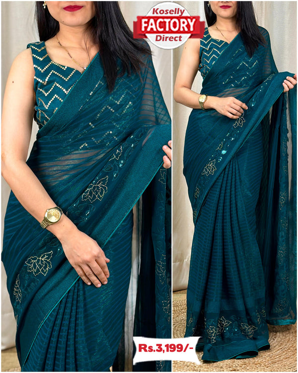 Teal Shimmer Chiffon Embroidered Partywear Saree