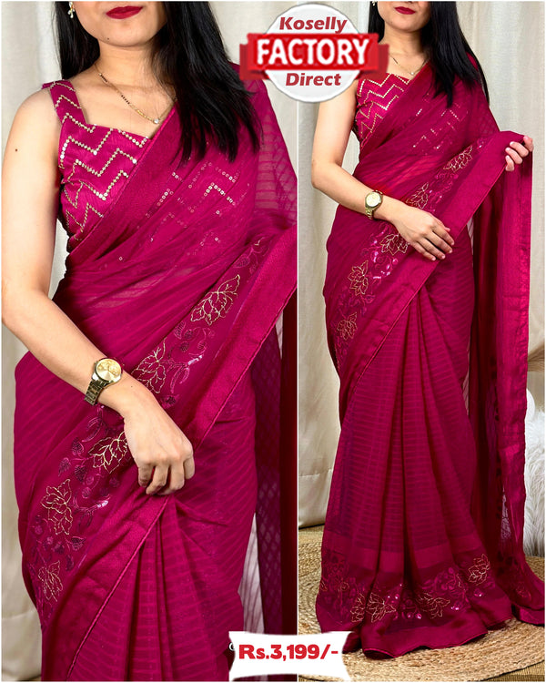 Hot Pink Shimmer Chiffon Embroidered Partywear Saree