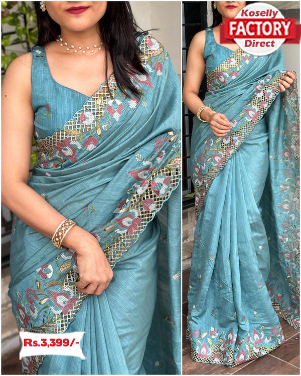 Sky Blue Slub Silk Partywear Saree