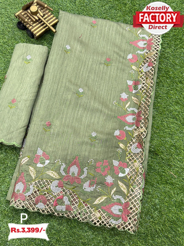 Pickle Green Slub Silk Partywear Saree