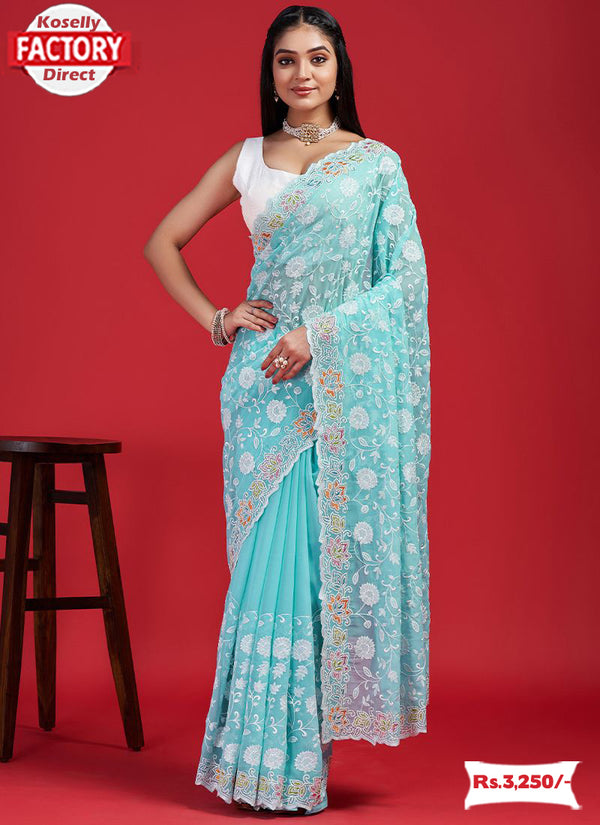 Sky Blue Georgette Chikankari Multi-embroidery Partywear Saree