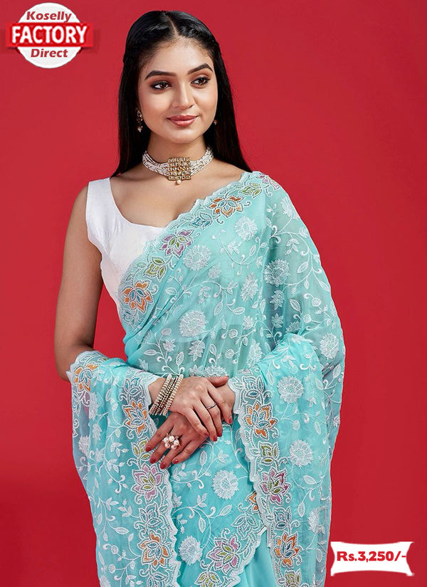 Sky Blue Georgette Chikankari Multi-embroidery Partywear Saree