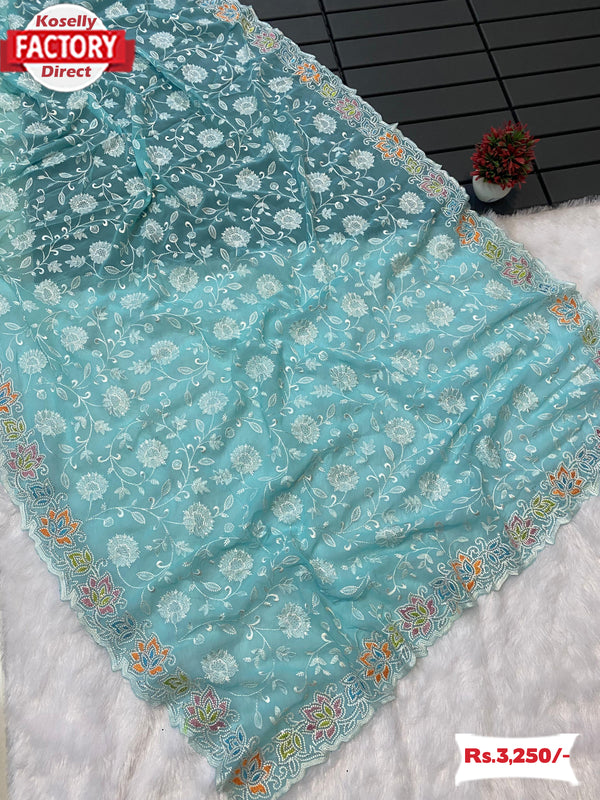 Sky Blue Georgette Chikankari Multi-embroidery Partywear Saree