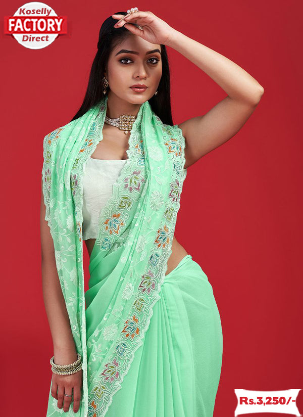 Light Green Georgette Chikankari Multi-embroidery Partywear Saree