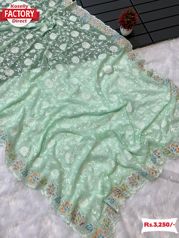 Light Green Georgette Chikankari Multi-embroidery Partywear Saree