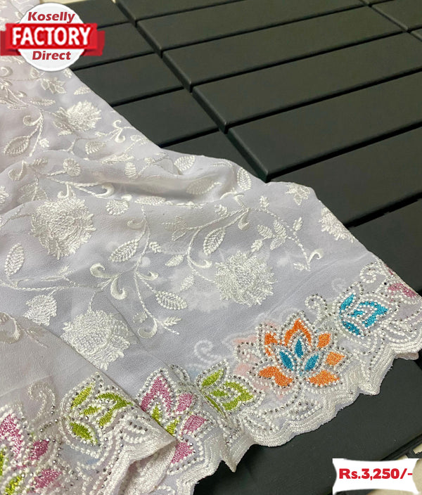 White Georgette Chikankari Multi-embroidery Partywear Saree