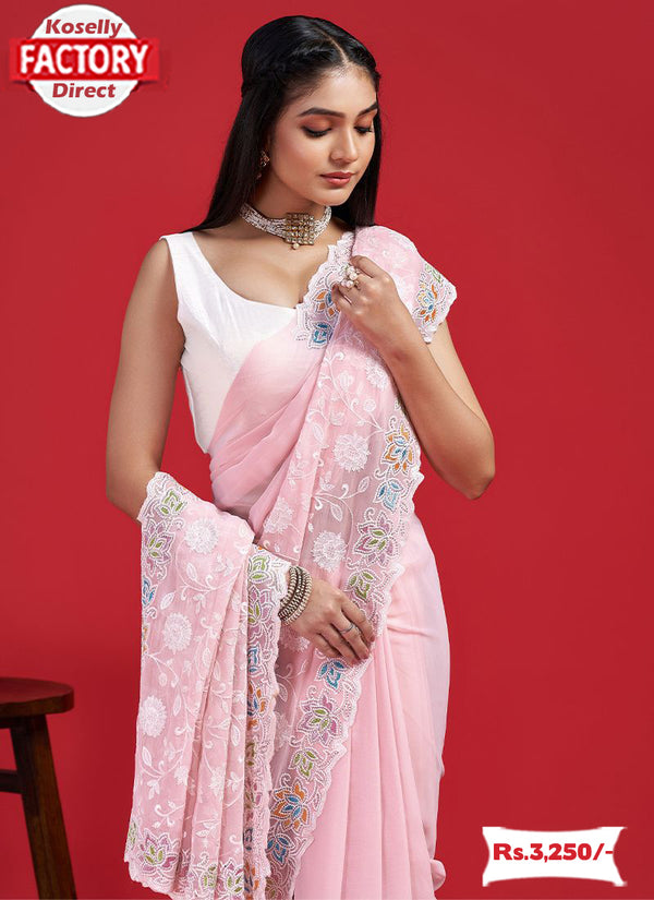 Pink Georgette Chikankari Multi-embroidery Partywear Saree