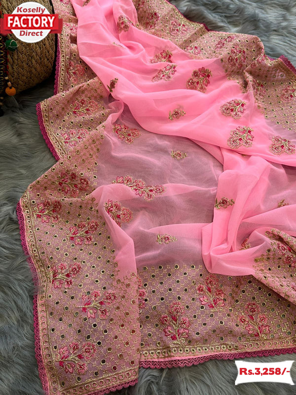 Pink Georgette Silk Multi-embroidered Partywear Saree