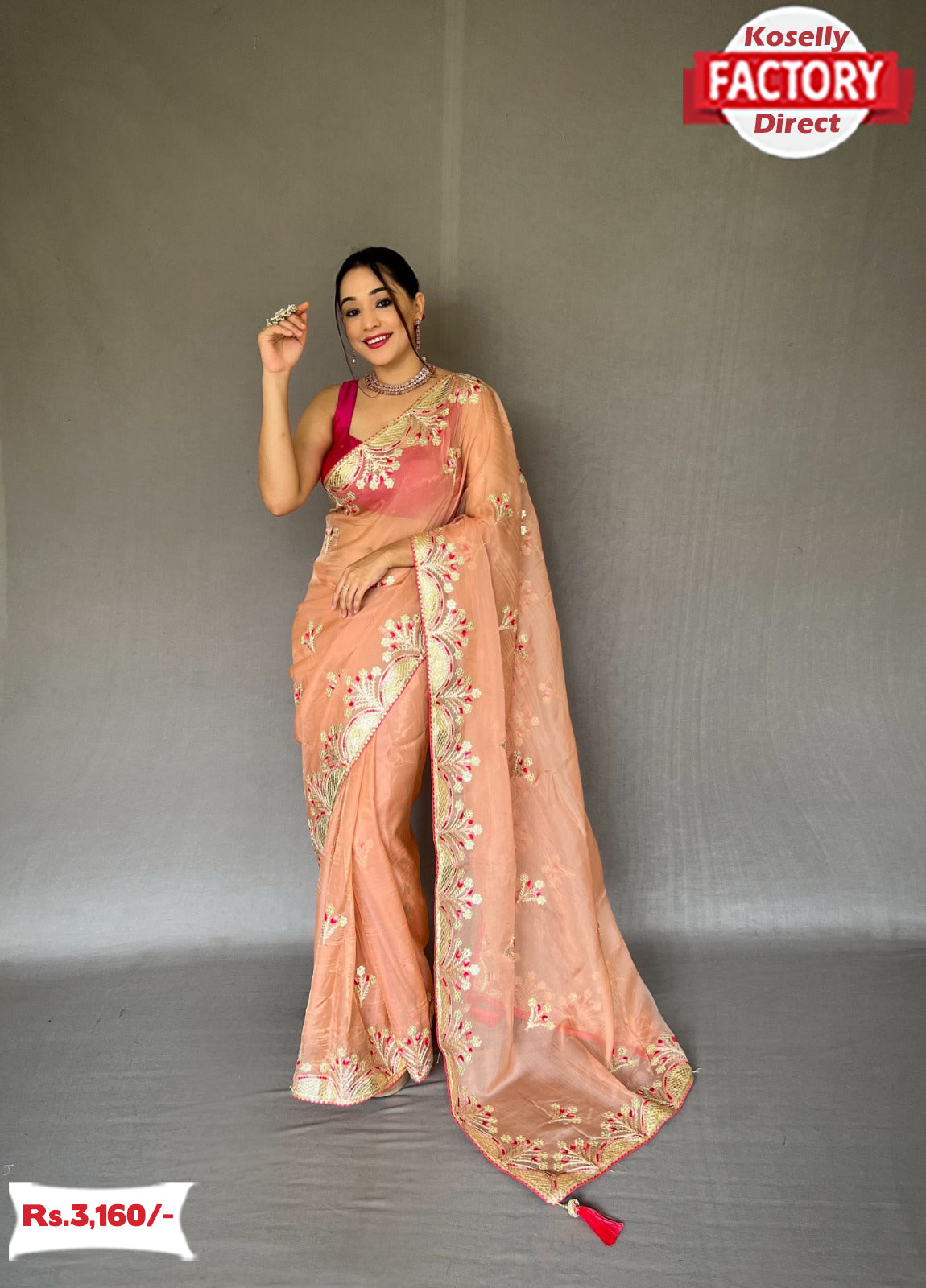 Gota Patti Chinon Chiffon Saree in Peach : SJN7165