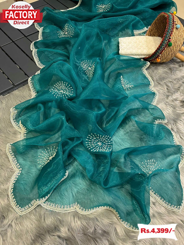 Teal Blue Pure Organza Hand Pearl Work Partywear Saree