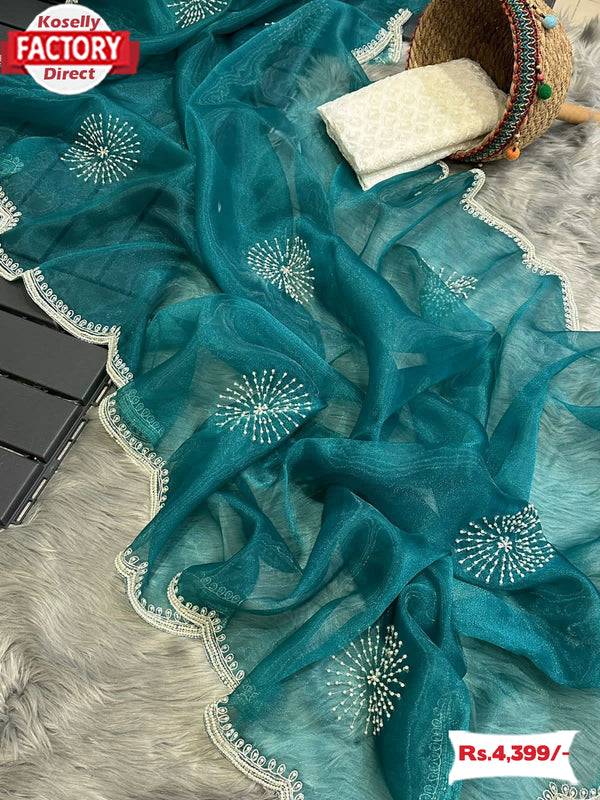 Teal Blue Pure Organza Hand Pearl Work Partywear Saree