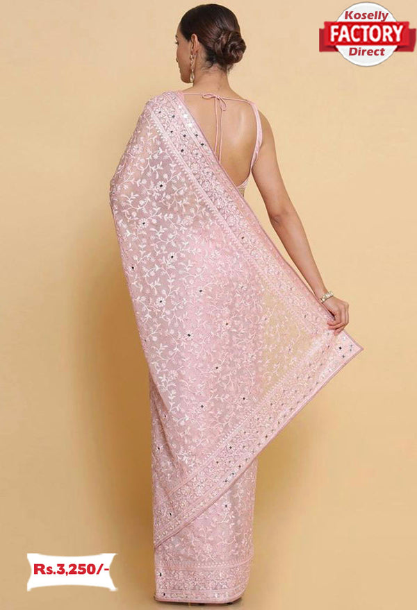 Pink Organza Embroidered Fancy Partywear Saree