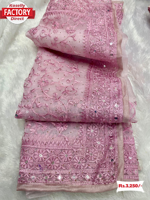 Pink Organza Embroidered Fancy Partywear Saree