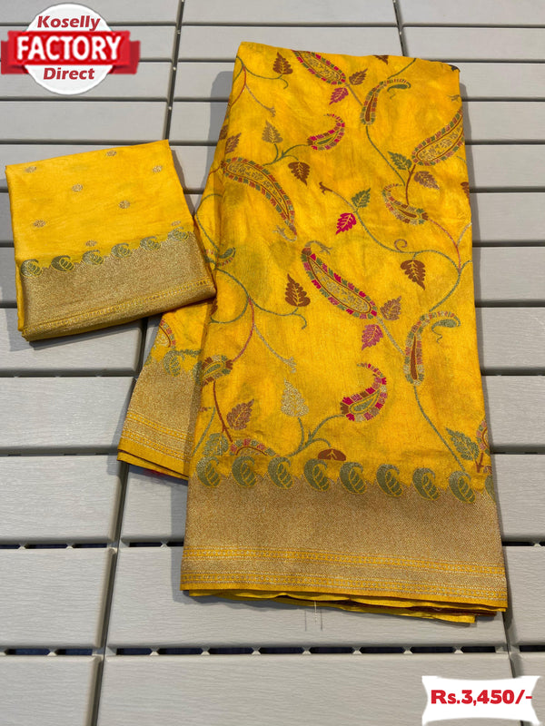 Yellow Pure Dola Silk Partywear Saree