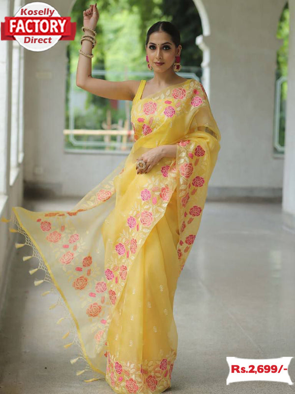 Yellow Pure Organza Silk Partywear Saree