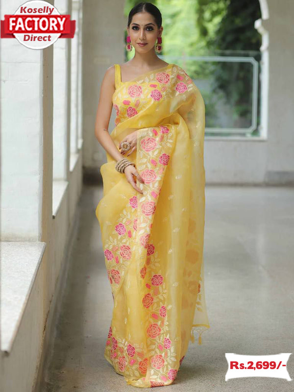 Yellow Pure Organza Silk Partywear Saree