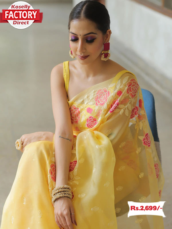 Yellow Pure Organza Silk Partywear Saree