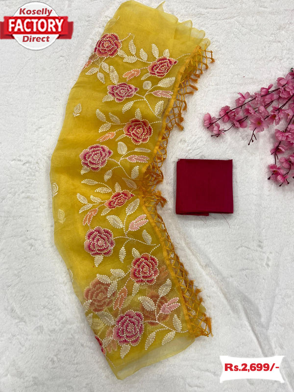 Yellow Pure Organza Silk Partywear Saree