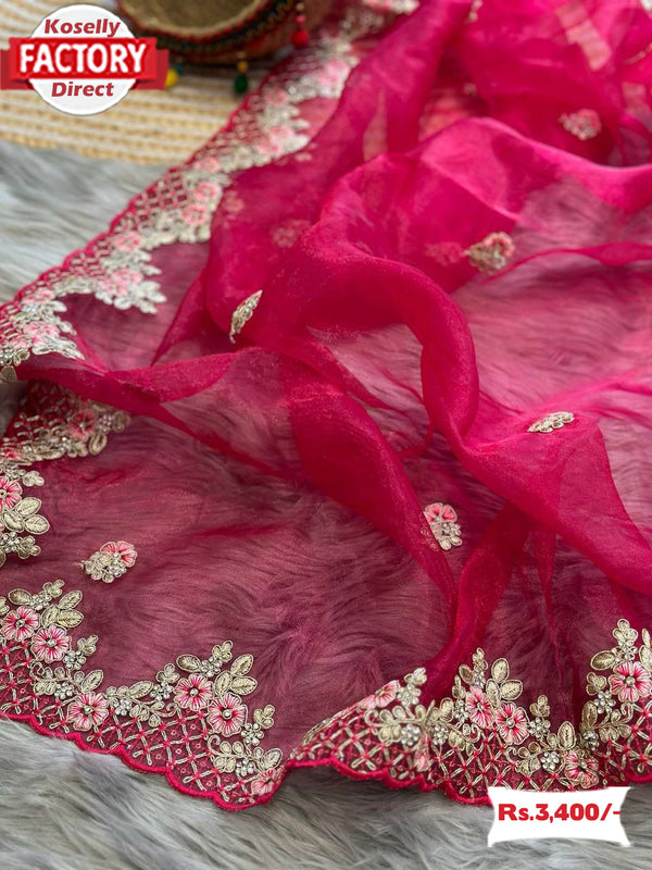 Hot Pink Soft Organza Embroidered Partywear Saree