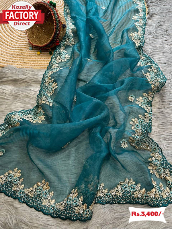 Teal Blue Soft Organza Embroidered Partywear Saree