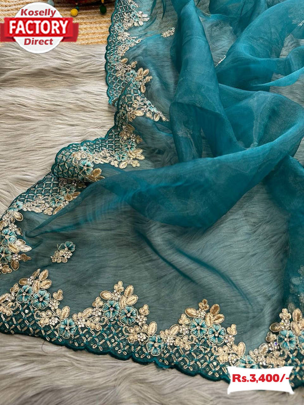 Teal Blue Soft Organza Embroidered Partywear Saree