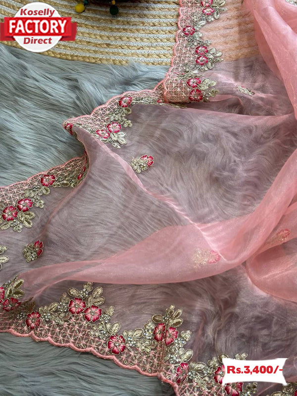 Peach Soft Organza Embroidered Partywear Saree