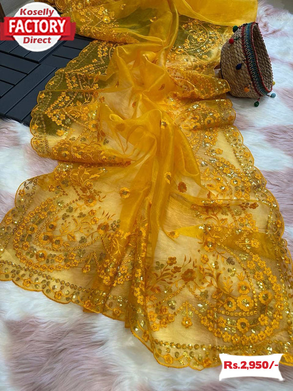 Yellow Pure Organza Partywear Embroidered Saree