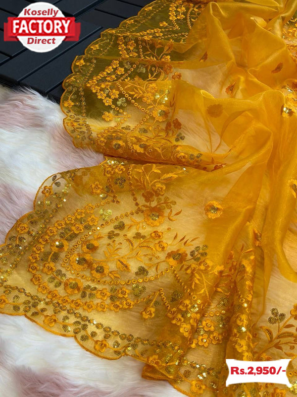 Yellow Pure Organza Partywear Embroidered Saree