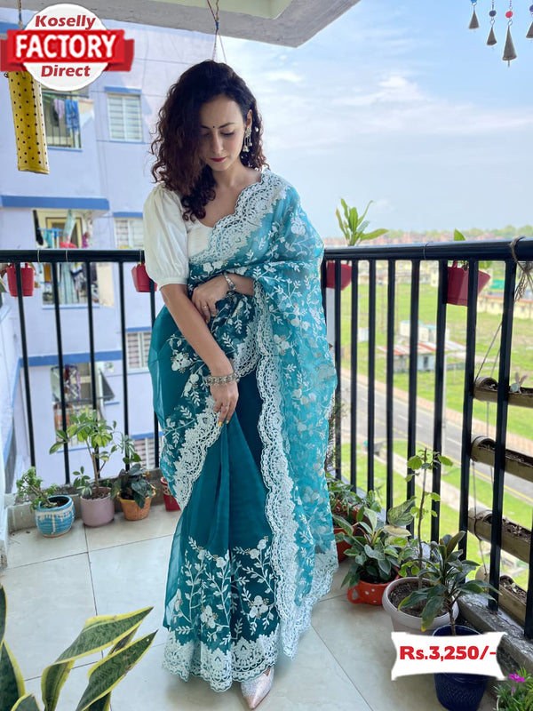 Teal Blue Pure Soft Organza Partywear Fancy Saree