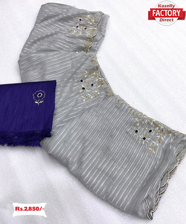 Grey Weightless Embroidered Partywear Saree