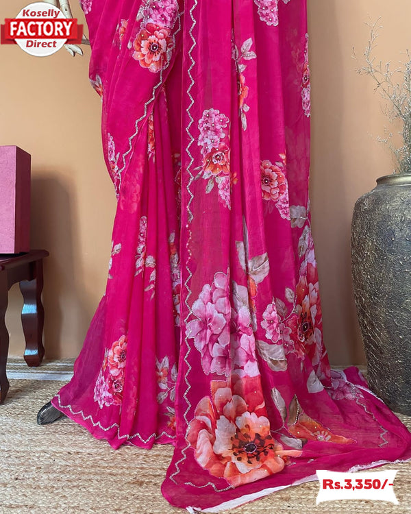 Pink Pure Georgette Silk Floral Handwork Partywear Saree