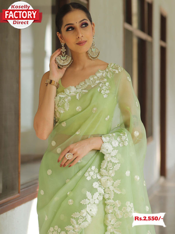 Light Green Pure Organza Multi-Embroidered Saree