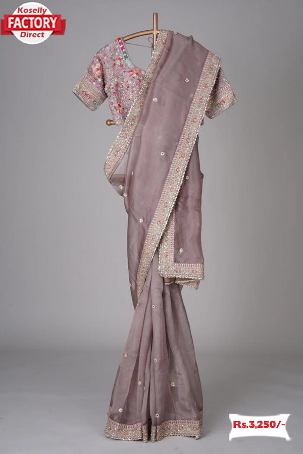 Blush Pink Pure Organza Embroidered Partywear Saree With Stitched Blouse