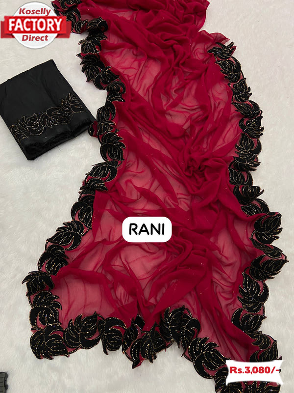 Rani Pink Georgette Velvet Border Partywear Saree