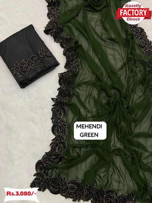 Mehendi Green Georgette Velvet Border Partywear Saree